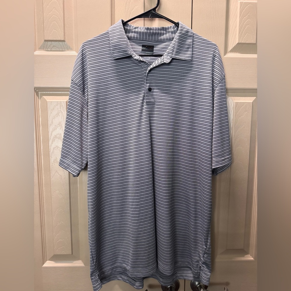 Greg Norman Golf Polo Size XXL Shark Print Gray Black Striped‎ Moisture Wicking